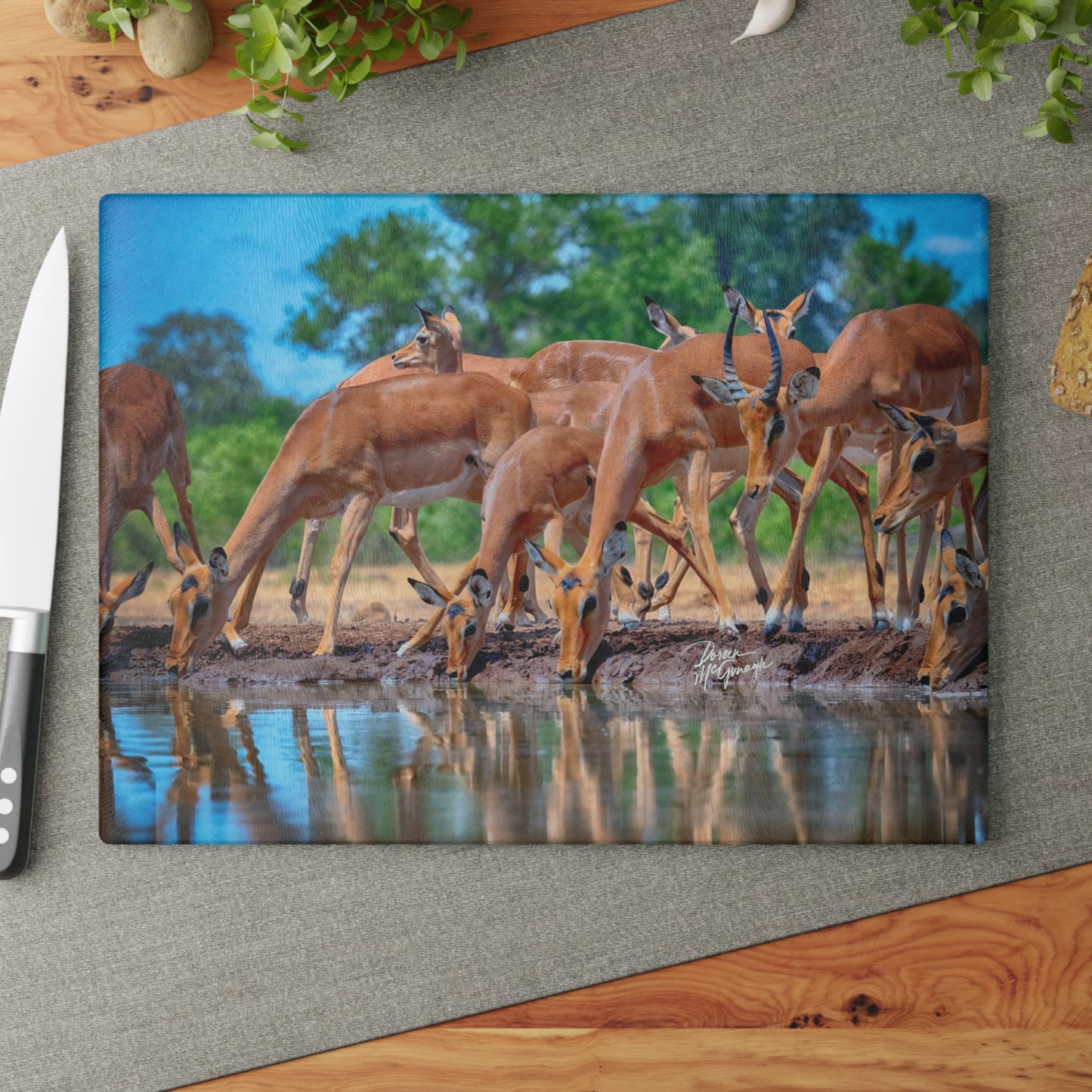 Enjoy Nature Glass Charcuterie Cutting Board with African Antelope at Watering Hole Design