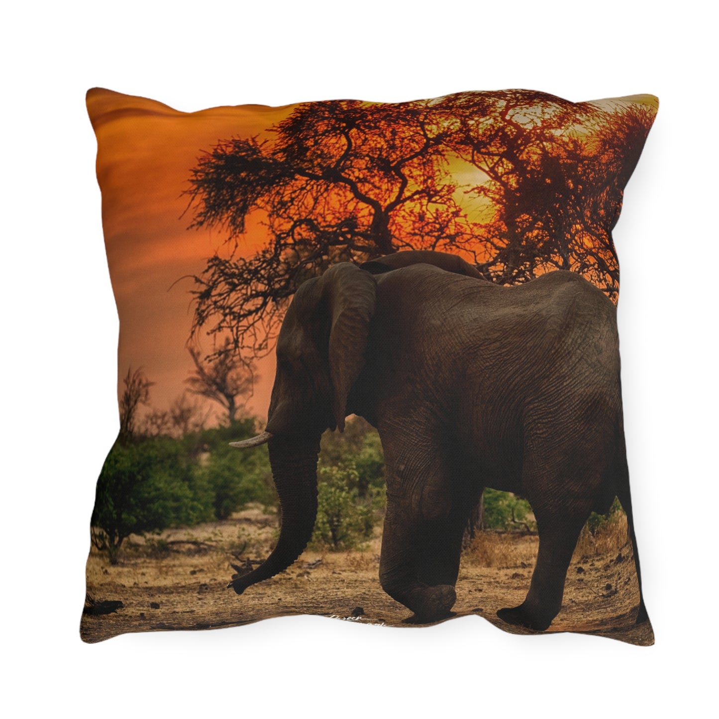 Enjoy Nature Outdoor Pillow with Spirited Elephant at Sunset – Artistic, Comfy, and Durable Decorative Accent