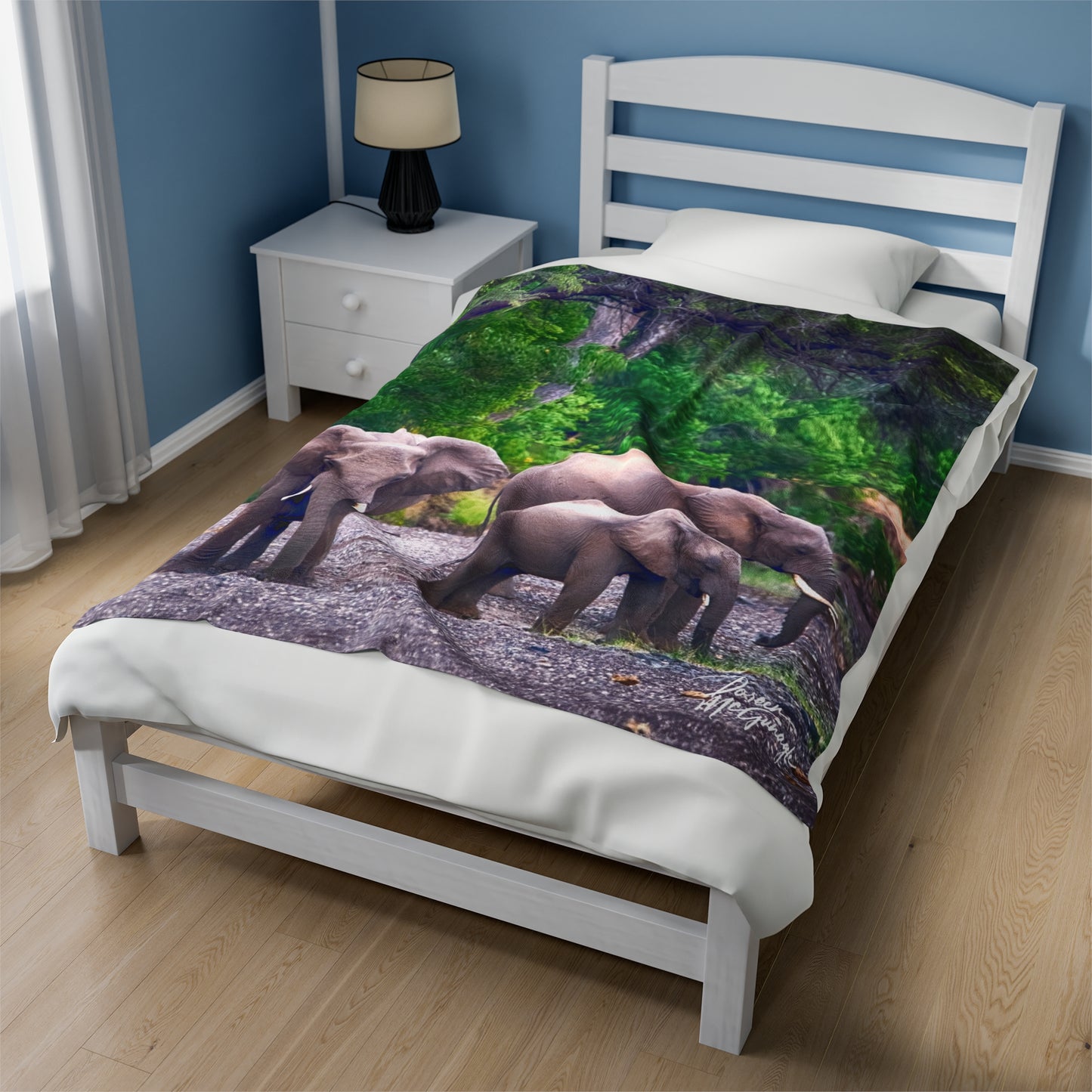 Velveteen Plush Blanket with Elephant Family at Riverbed by Enjoy Nature