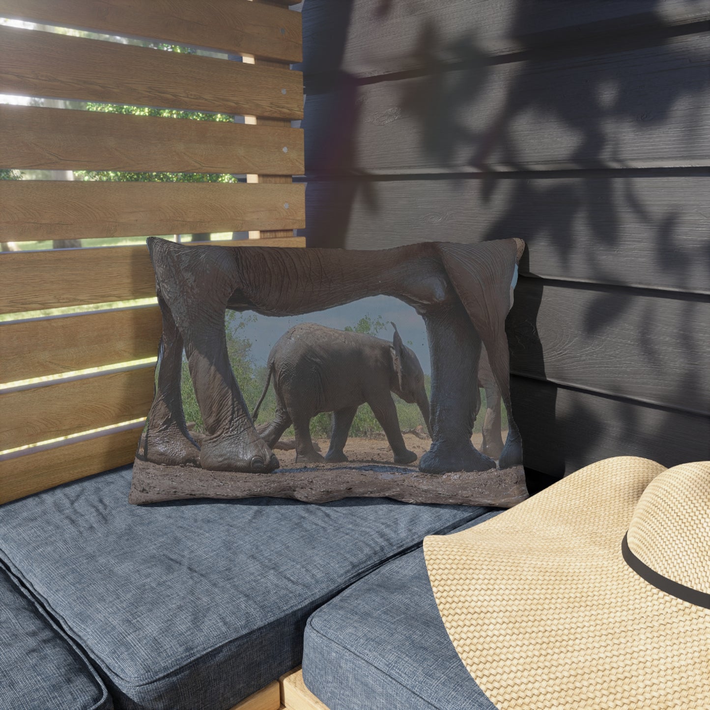 Enjoy Nature Outdoor Pillow with Baby Elephant Walk with Mom – Artistic, Comfy, and Durable Decorative Accent