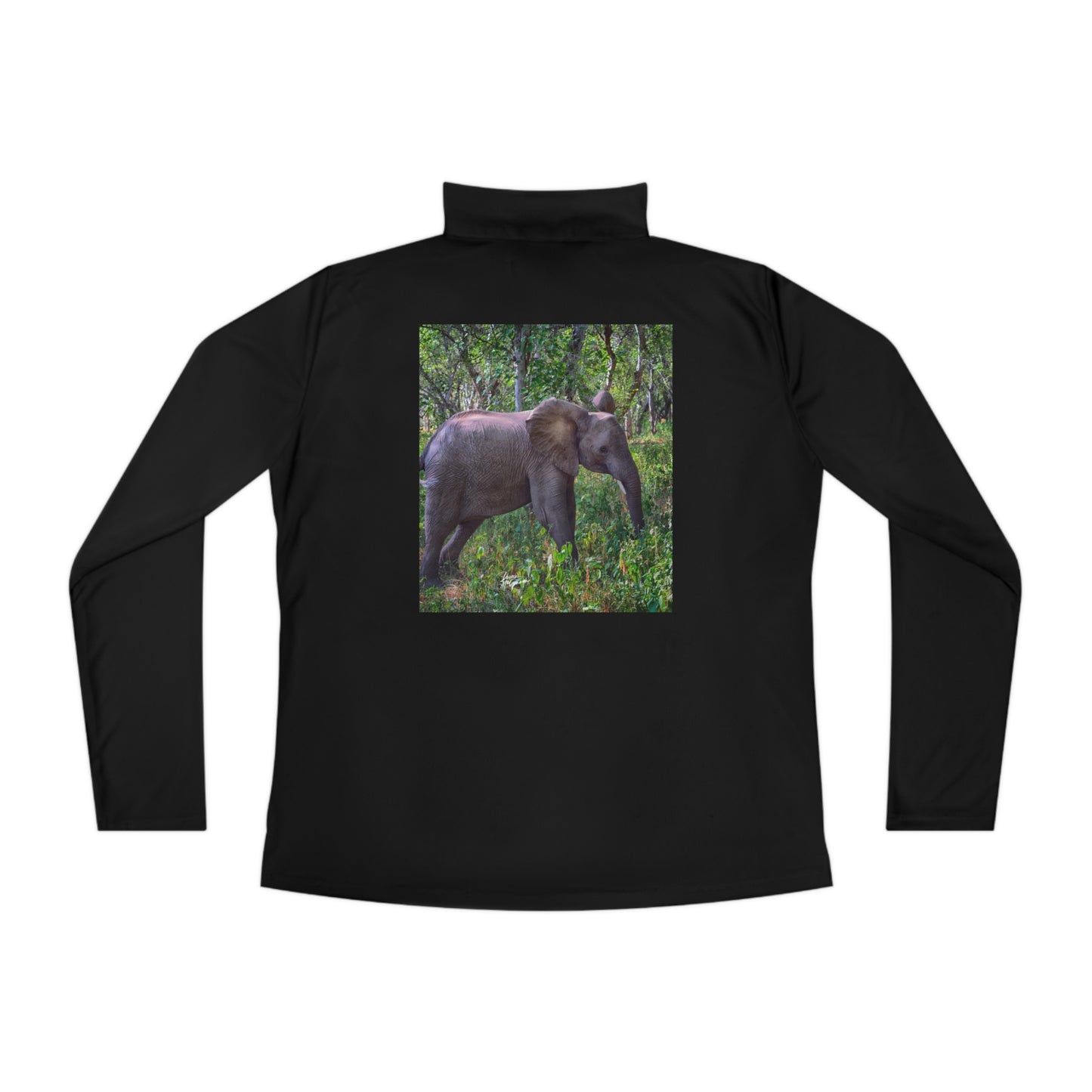 Ladies Quarter-Zip Pullover with Fine Art Image of Elephant Baby in Forest by Enjoy Nature