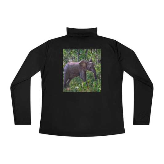 Ladies Quarter-Zip Pullover with Fine Art Image of Elephant Baby in Forest by Enjoy Nature