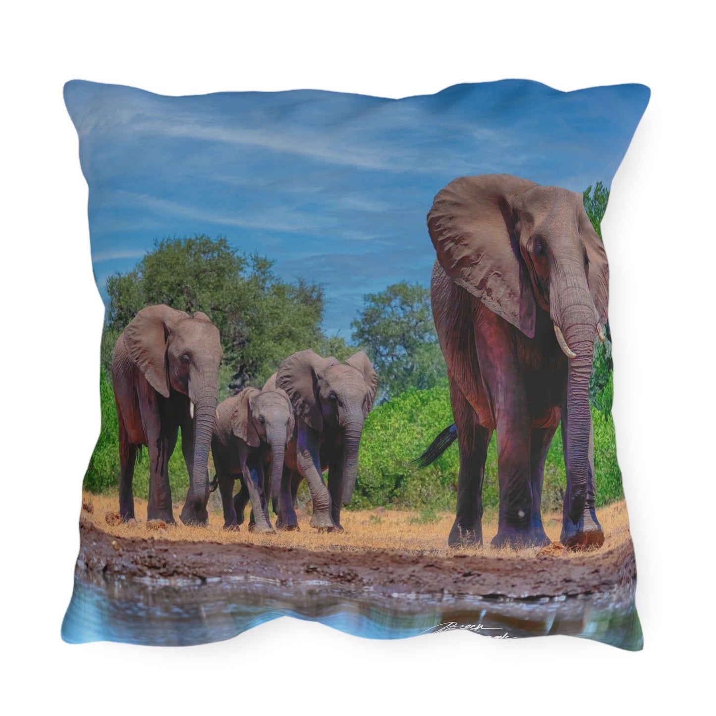 Enjoy Nature Outdoor Pillow with Elephant Family at Watering Hole – Artistic, Comfy, and Durable Decorative Accent