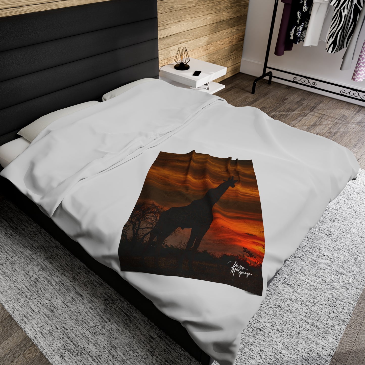 Velveteen Plush Blanket with Giraffe Silhouette at Sunset by Enjoy Nature