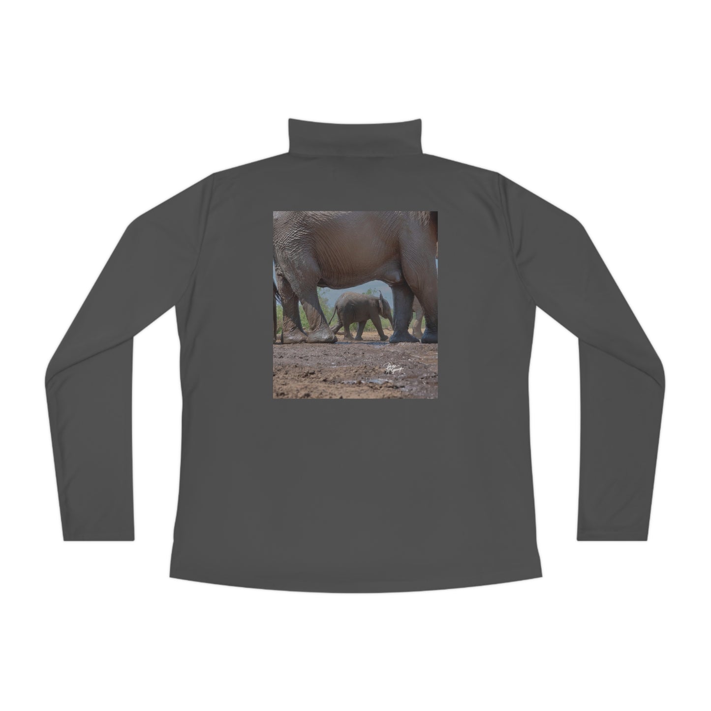 Ladies Quarter-Zip Pullover with Fine Art Image of Elephant Baby Under Mom's Watchful Eye by Enjoy Nature