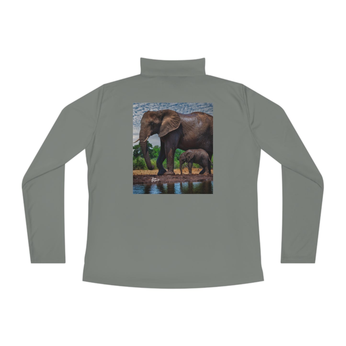 Ladies Quarter-Zip Pullover with Fine Art Image of Elephant Baby with Mom by Enjoy Nature