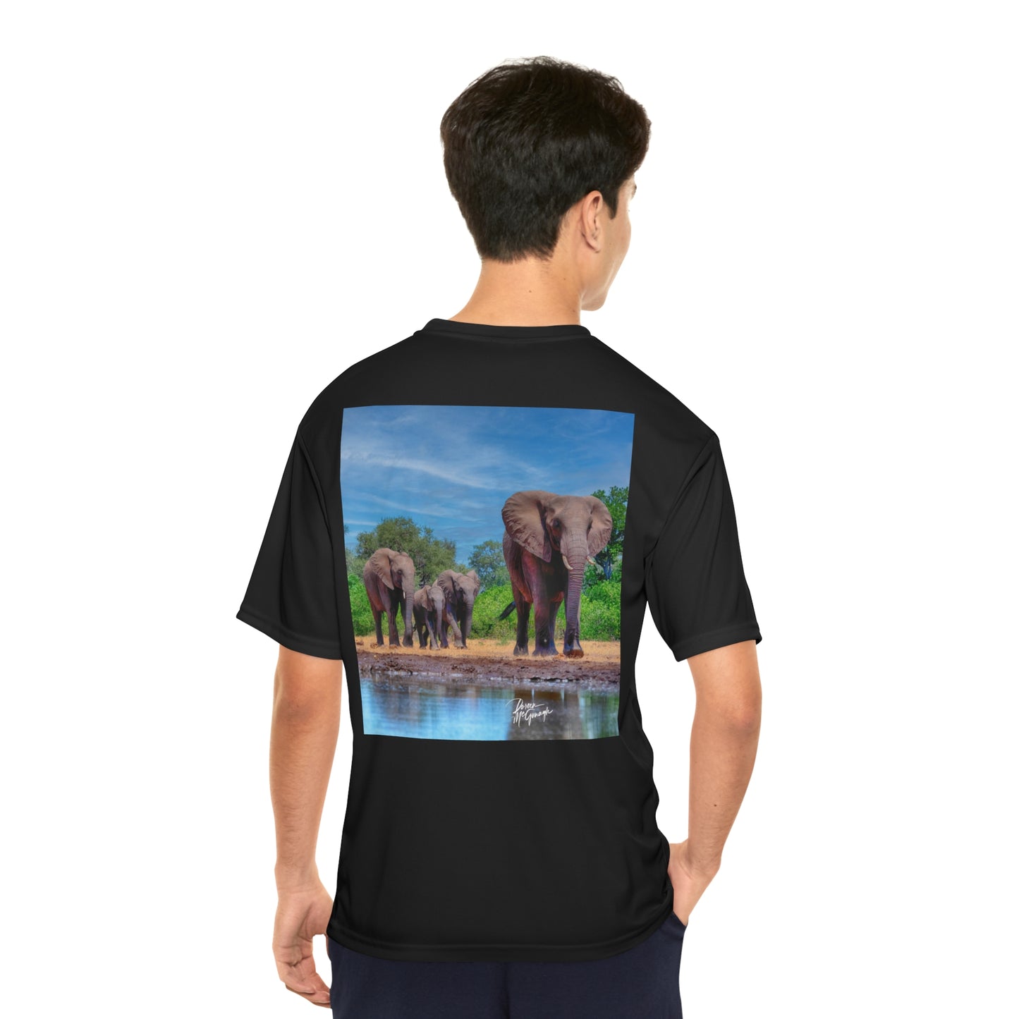 Men's Performance T-Shirt with Fine Art Image of Elephant Family at Watering Hole by Enjoy Nature