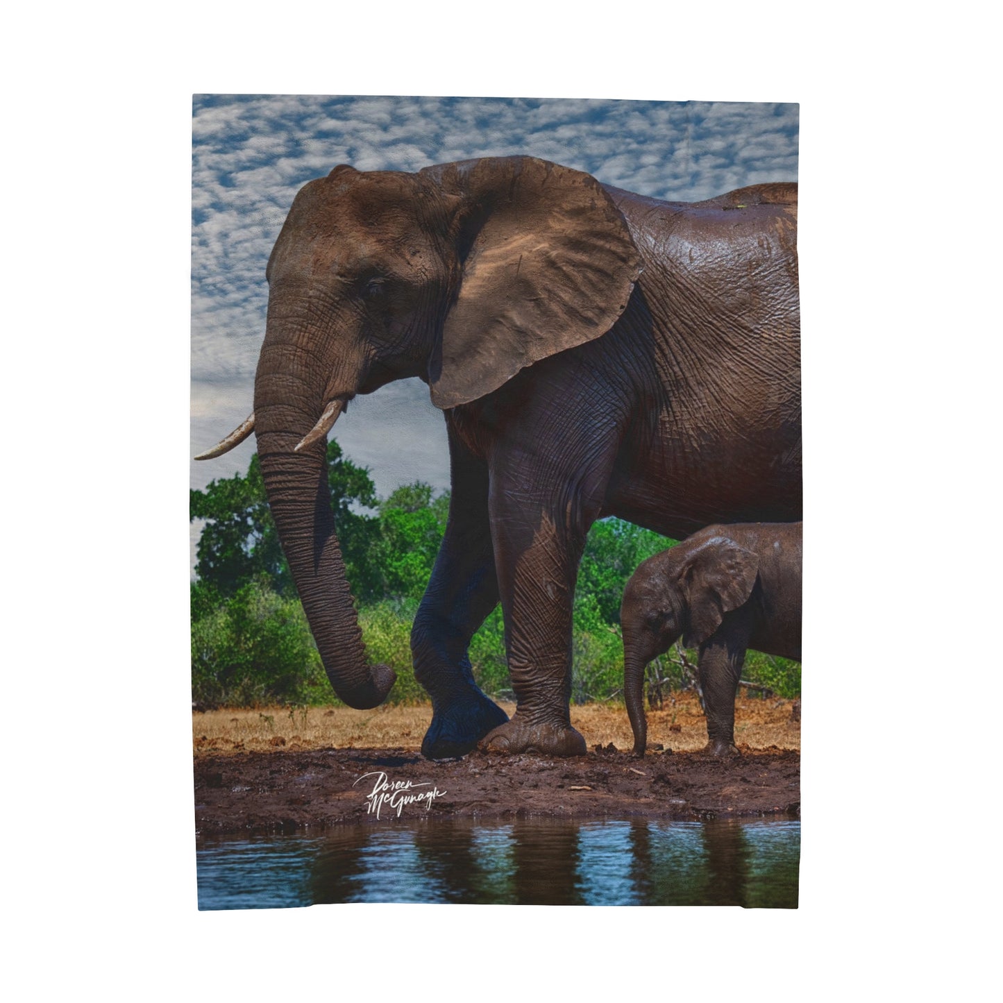 Velveteen Plush Blanket with Elephant Baby and Mom at Watering Hole by Enjoy Nature