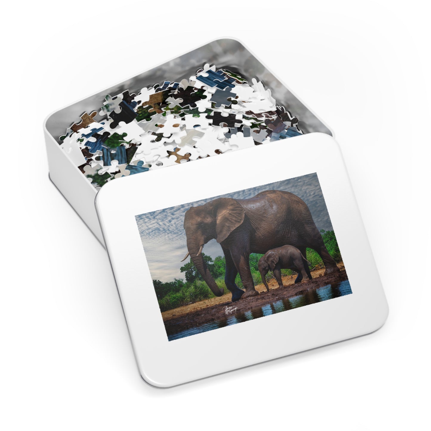 Elephant Baby Under Mom's Watchful Eye Jigsaw Puzzle by Enjoy Nature