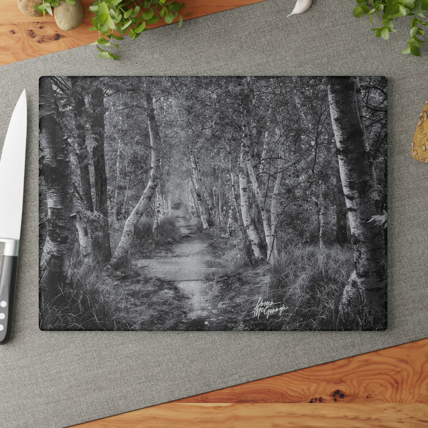 Glass cutting board designs, cheese & charcuterie board, landscape design glass cutting board,cutting board, Maine Silver Birch Forest Path