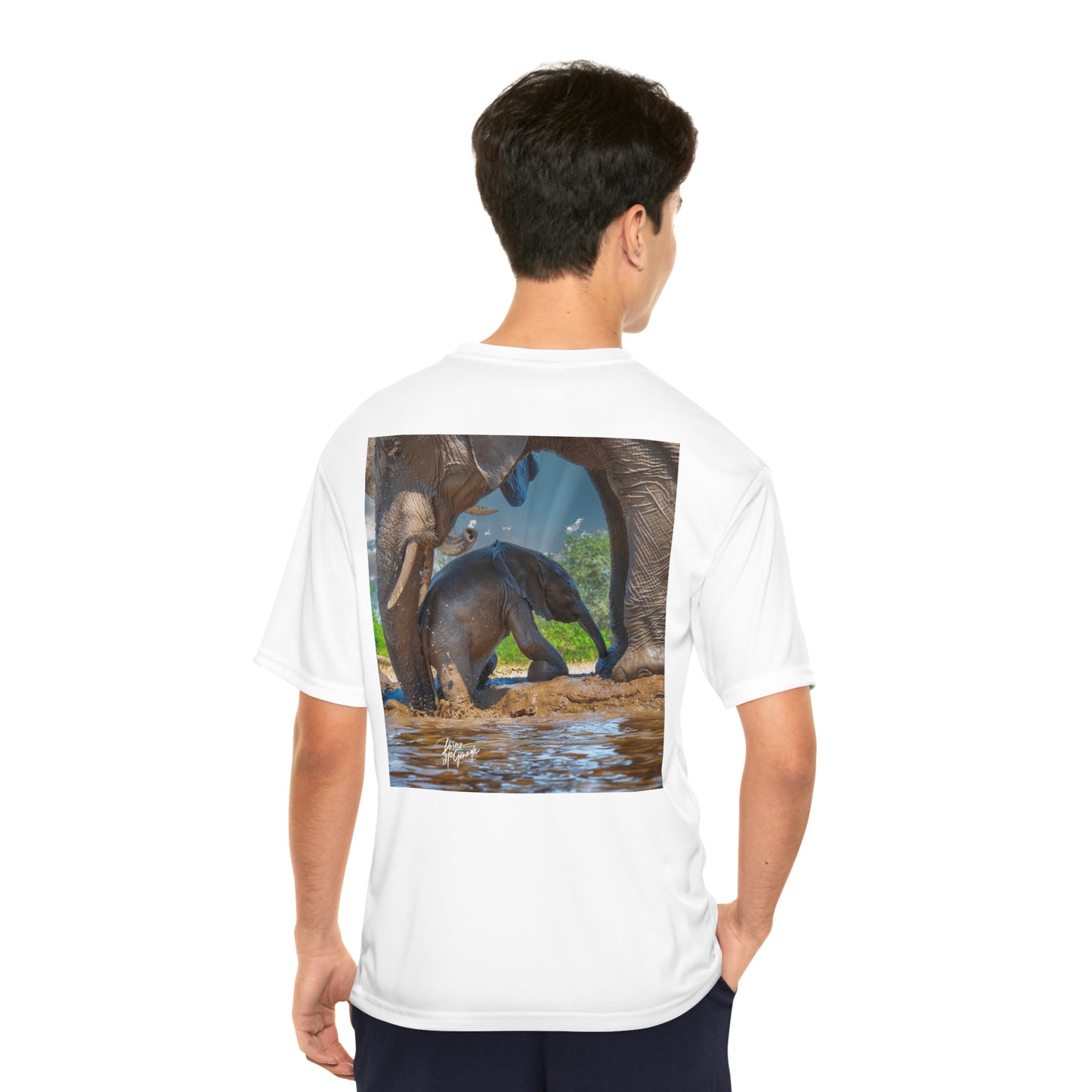 Men's Performance T-Shirt with Fine Art Image of Elephant Baby with Mom's Gentle Touch by Enjoy Nature