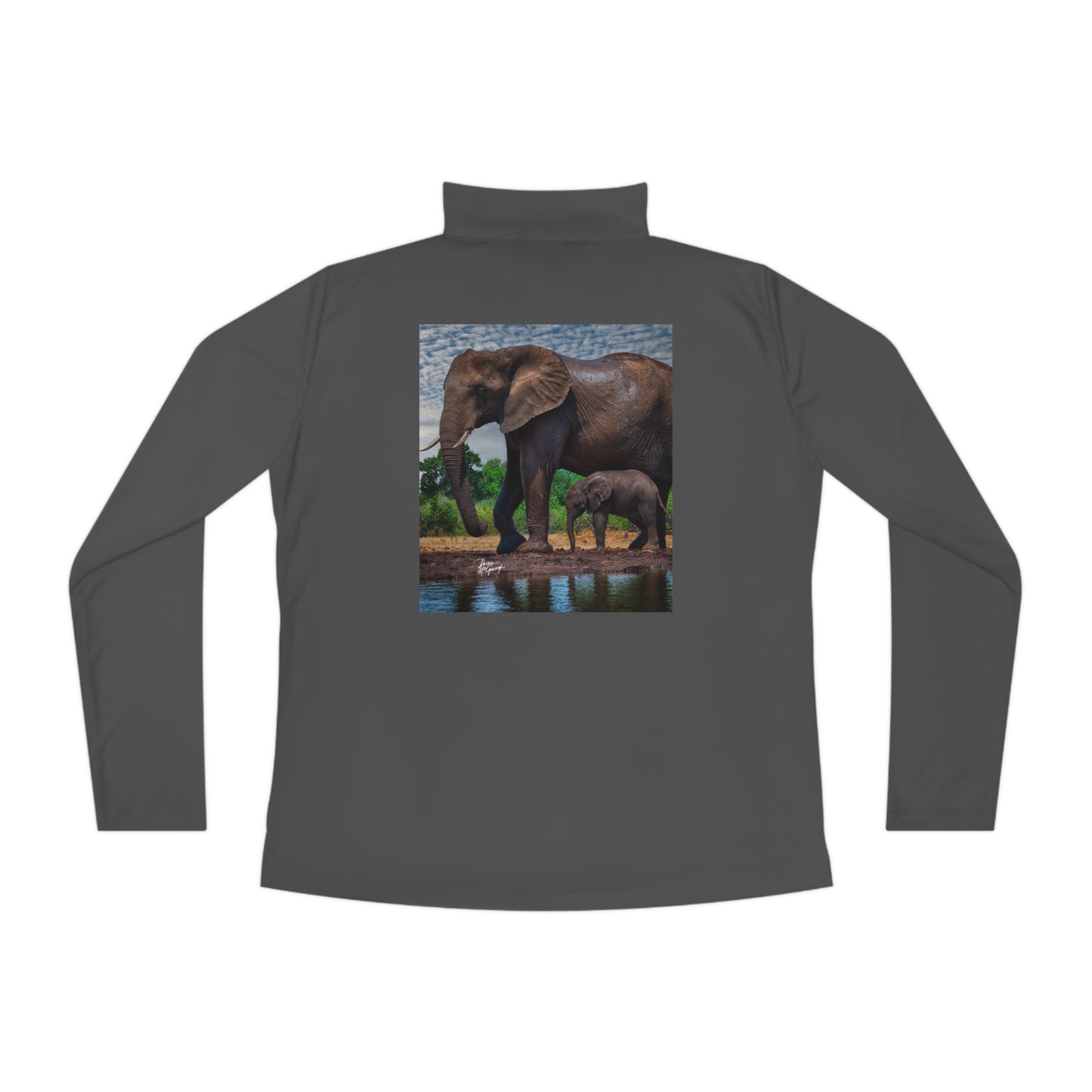 Ladies Quarter-Zip Pullover with Fine Art Image of Elephant Baby with Mom by Enjoy Nature