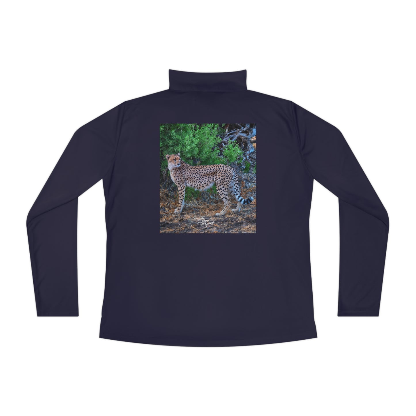 Ladies Quarter-Zip Pullover with Fine Art Image of Cheetah Stand by Enjoy Nature