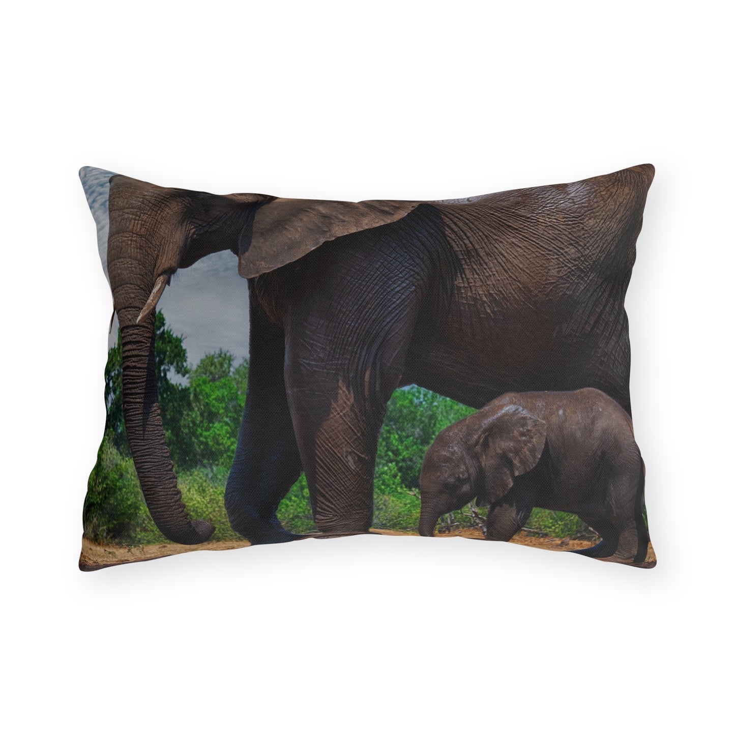 Enjoy Nature Outdoor Pillow with Baby Elephant Walk with Mom – Artistic, Comfy, and Durable Decorative Accent