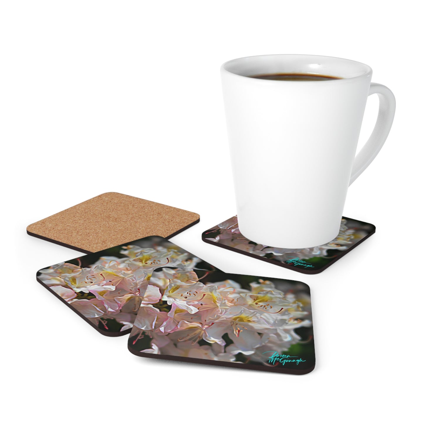 White Azalea Bloom, Corkwood Coaster Set