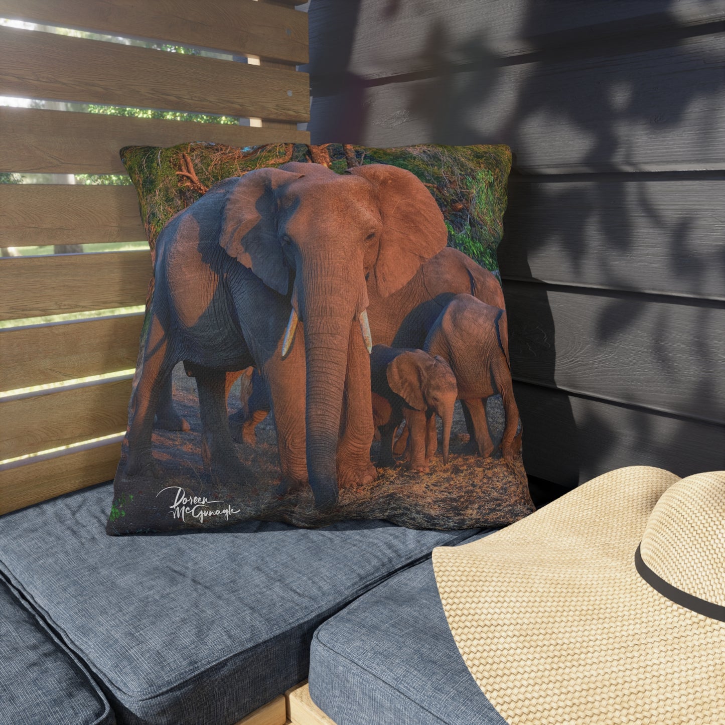 Enjoy Nature Outdoor Pillow with Elephant Family – Artistic, Comfy, and Durable Decorative Accent