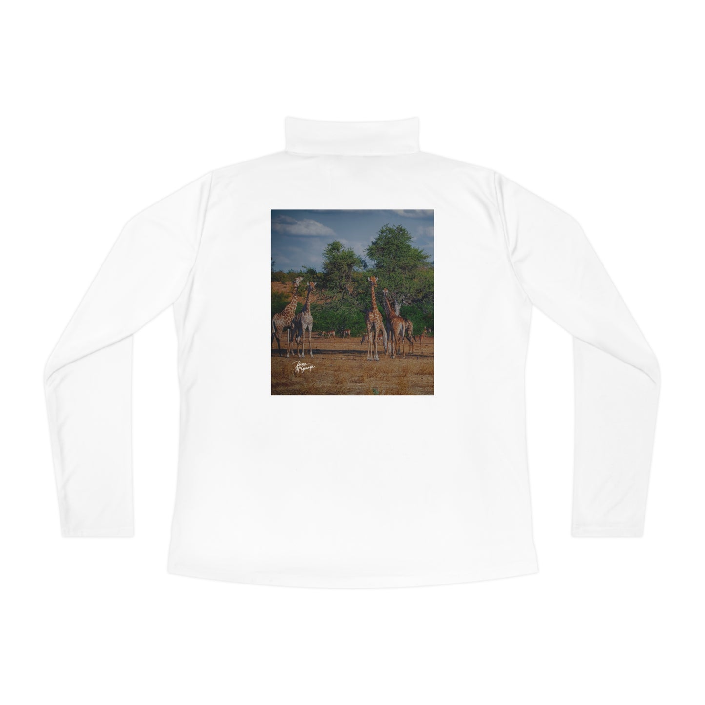 Ladies Quarter-Zip Pullover with Fine Art Image of Giraffe Family by Enjoy Nature