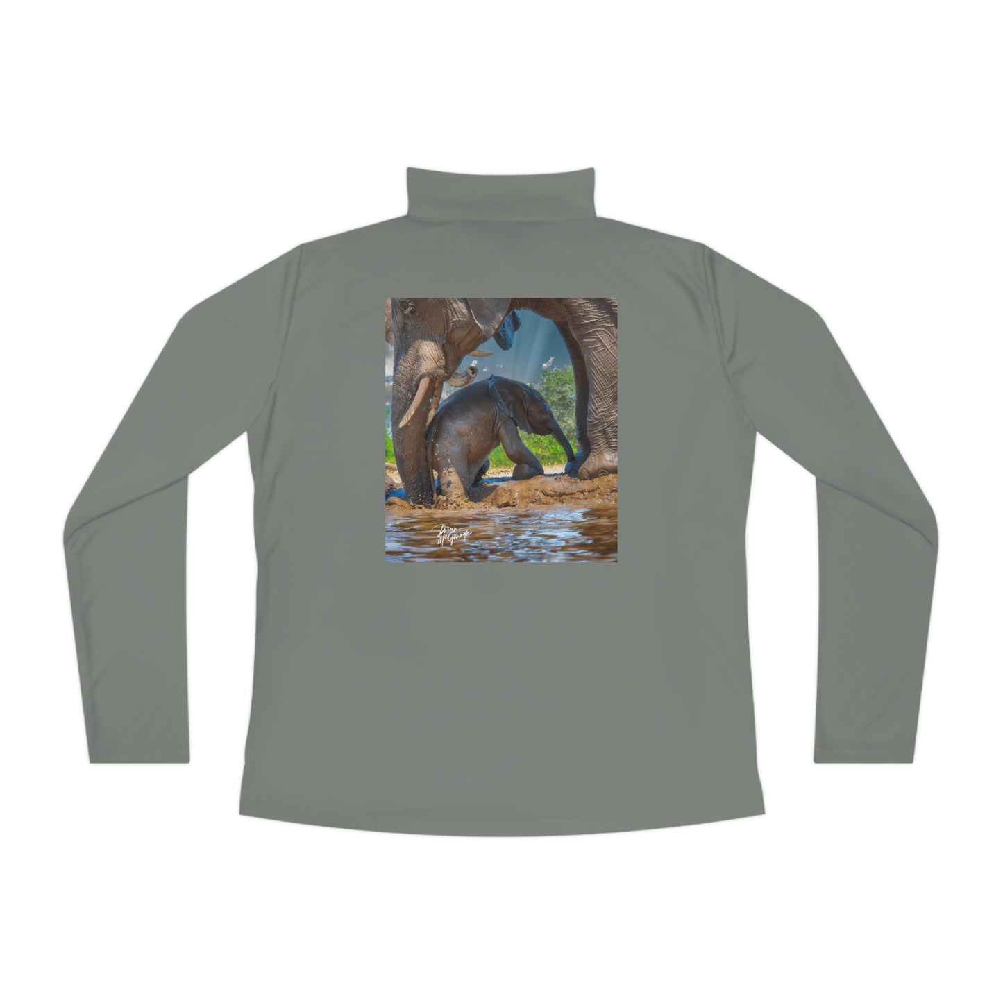 Ladies Quarter-Zip Pullover with Fine Art Image of Elephant Baby with Mom's Gentle Touch by Enjoy Nature