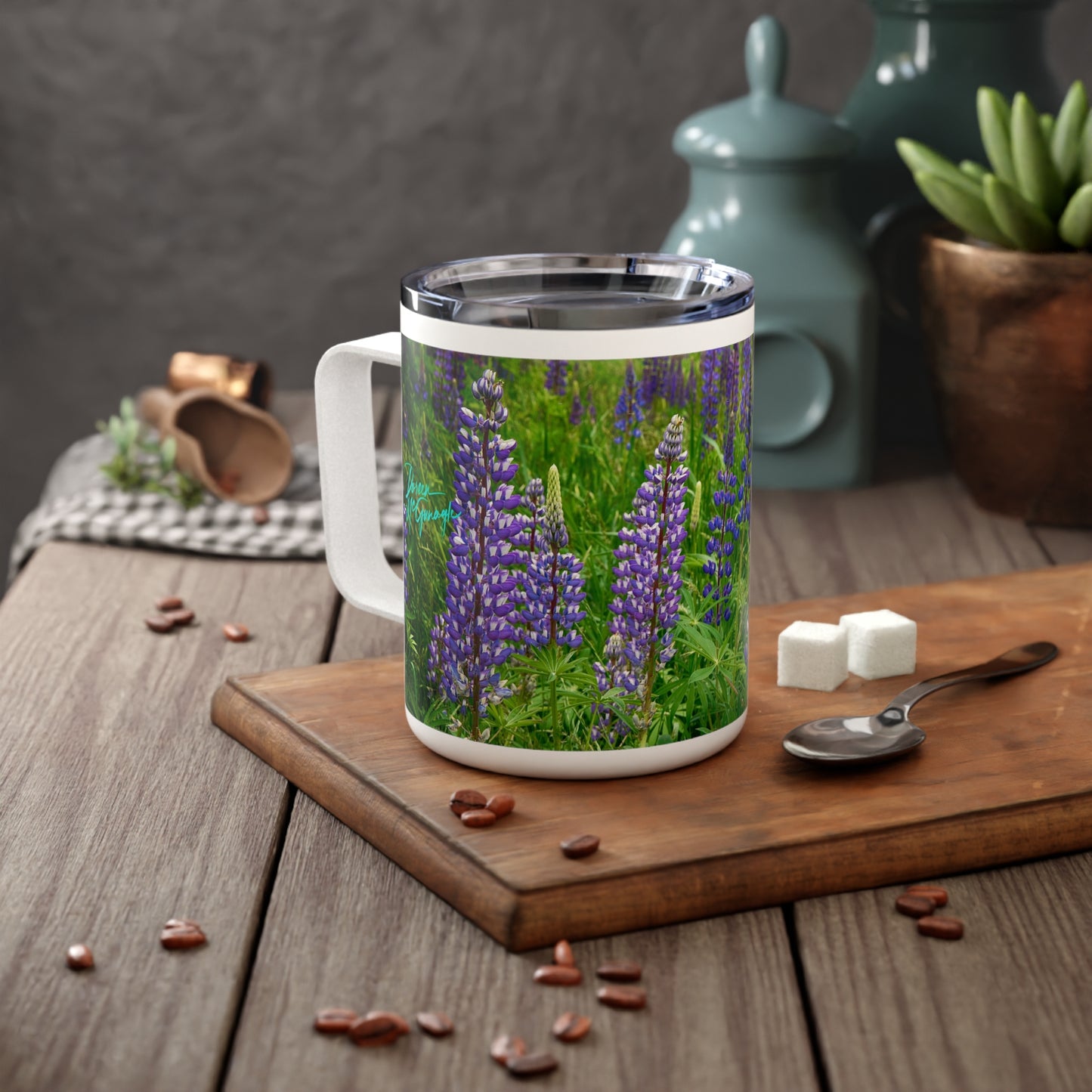 Eco friendly, Maine Wild Lupine, 10 oz  Insulated Travel Mug, 10oz