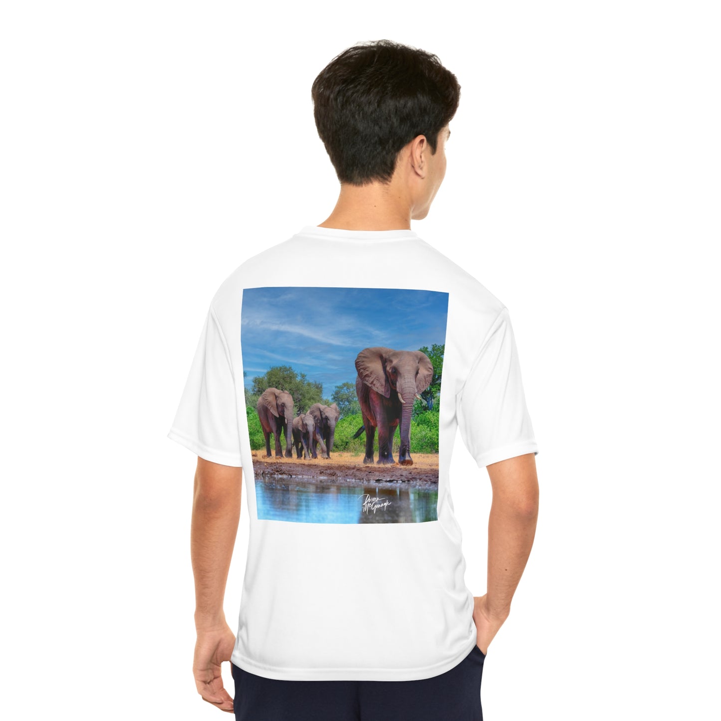 Men's Performance T-Shirt with Fine Art Image of Elephant Family at Watering Hole by Enjoy Nature