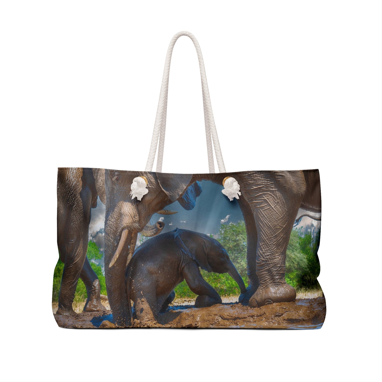 Weekender Tote Bag: Elephant Baby with Mom's Guidance by Enjoy Nature