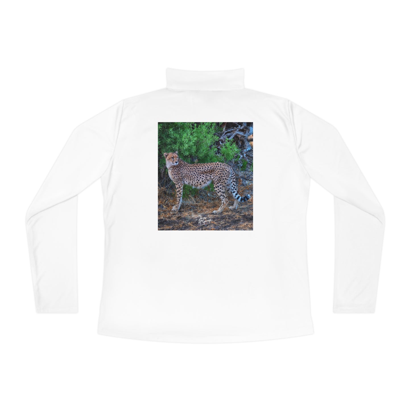 Ladies Quarter-Zip Pullover with Fine Art Image of Cheetah Stand by Enjoy Nature