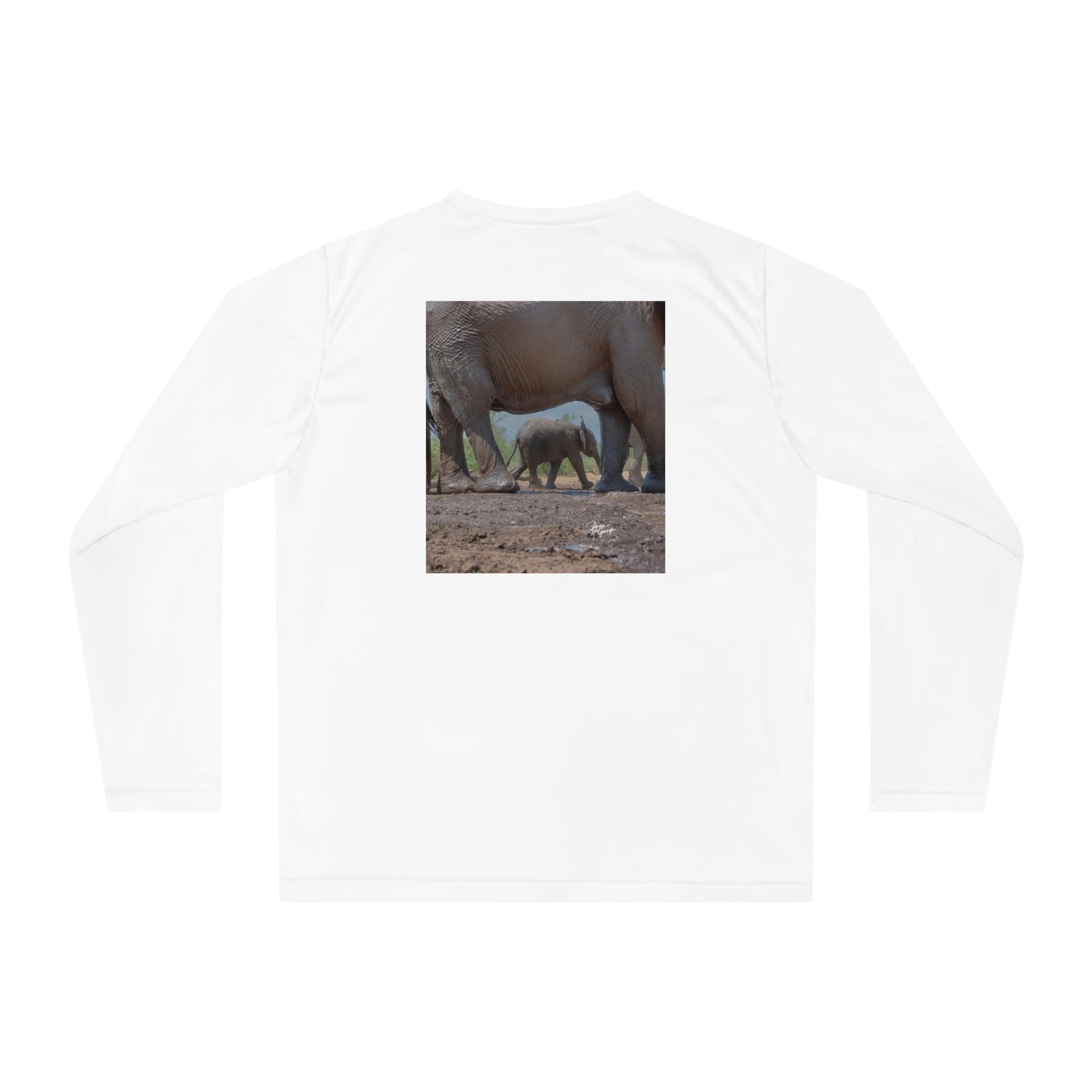 Unisex Long Sleeve Performance Tee - "Elephant Baby Under Mom's Watchful Eye" by Enjoy Nature