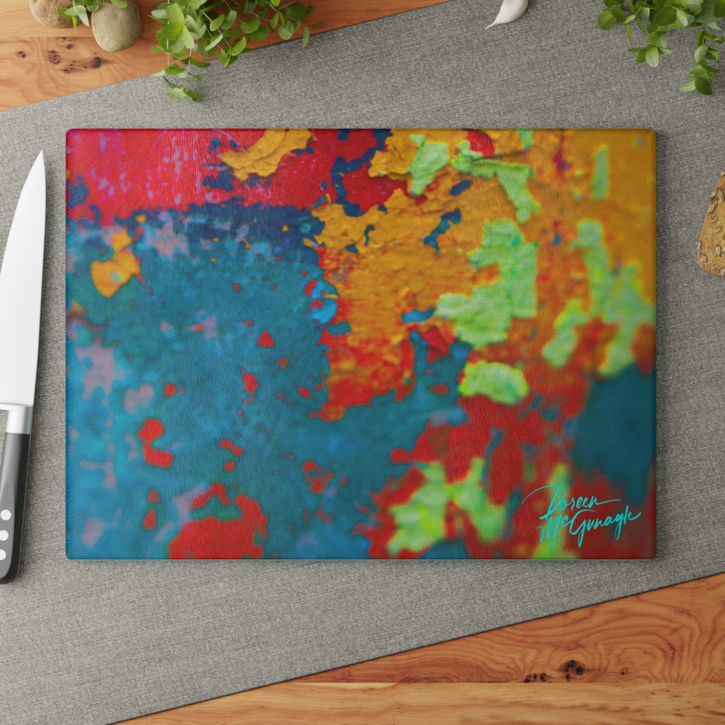 Artistic  Life and Soul Abstract Glass Cutting Board with Nature-Inspired Design