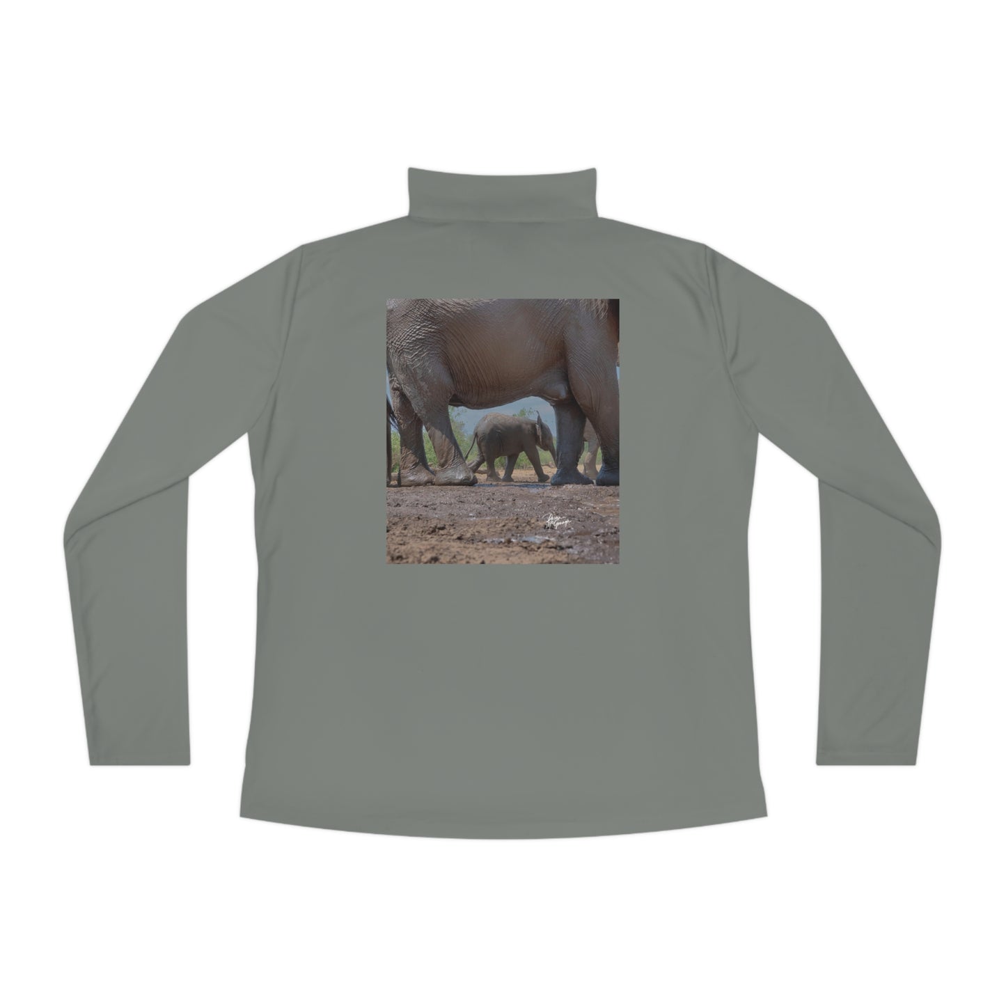 Ladies Quarter-Zip Pullover with Fine Art Image of Elephant Baby Under Mom's Watchful Eye by Enjoy Nature