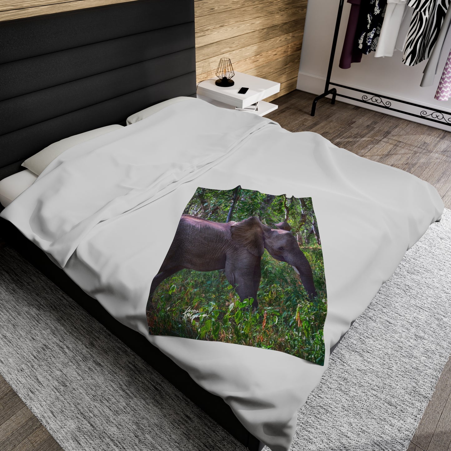 Velveteen Plush Blanket with Elephant Baby in Forest by Enjoy Nature