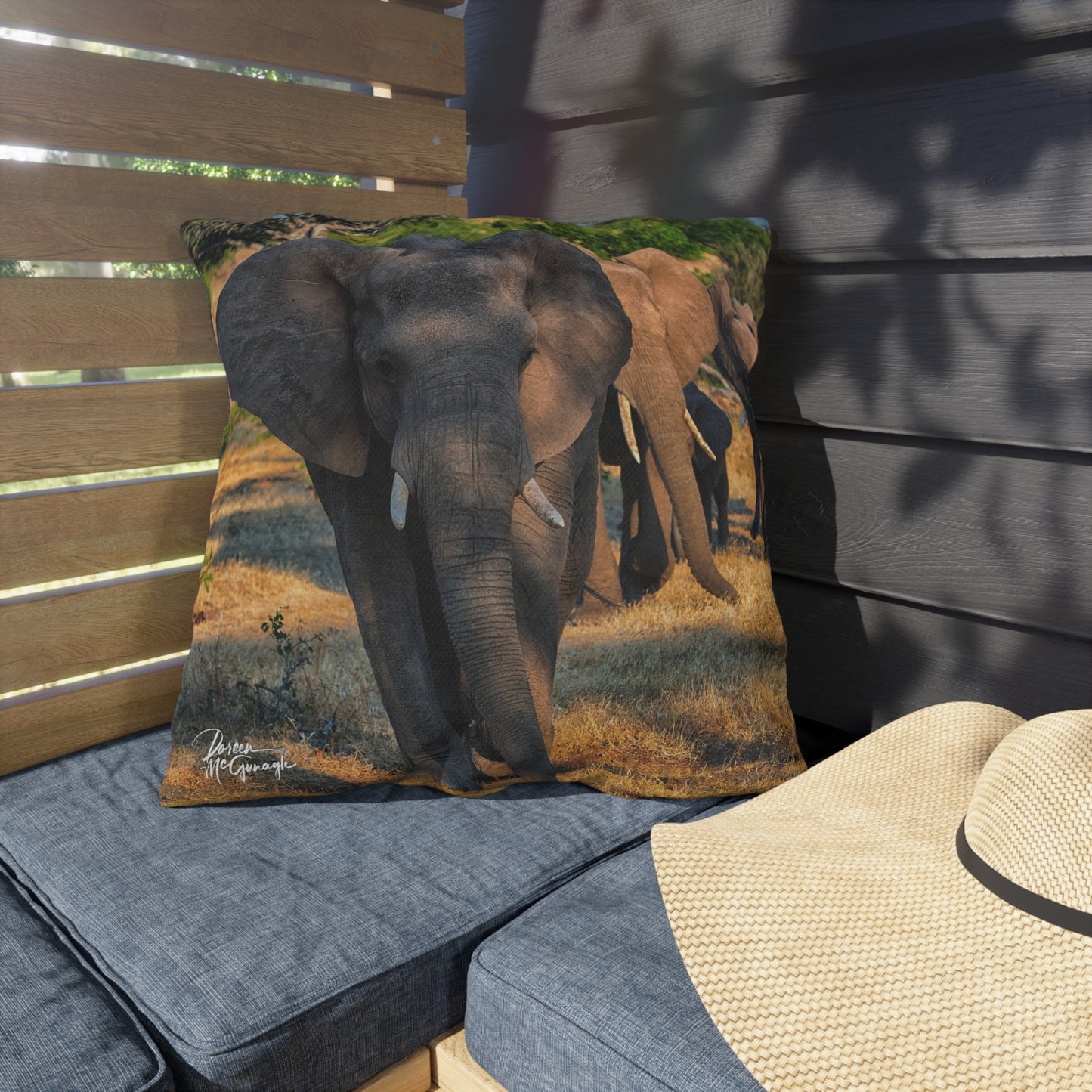 Enjoy Nature Outdoor Pillow with Elephant Family – Artistic, Comfy, and Durable Decorative Accent