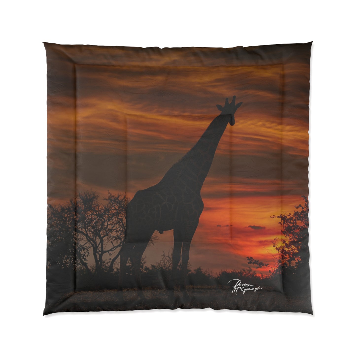 Giraffe Silhouette at Sunset Comforter by Enjoy Nature