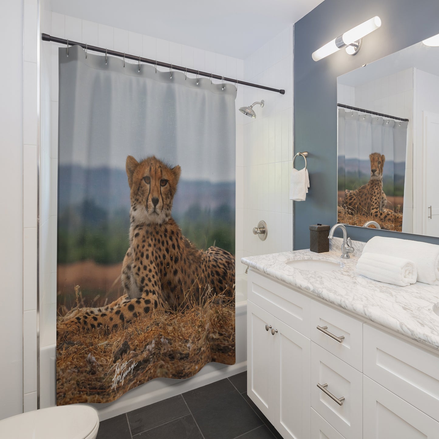 Cheetah Portrait Shower Curtain | Dramatic & Earthy Wildlife Decor by Enjoy Nature