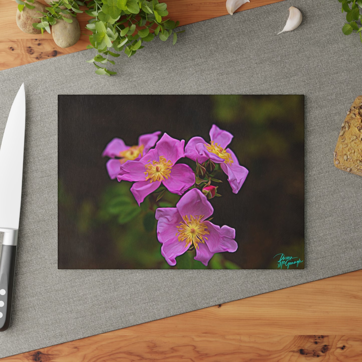 Artistic Enchanted Elegance Wild Flowers Glass Cutting Board with Nature-Inspired Design