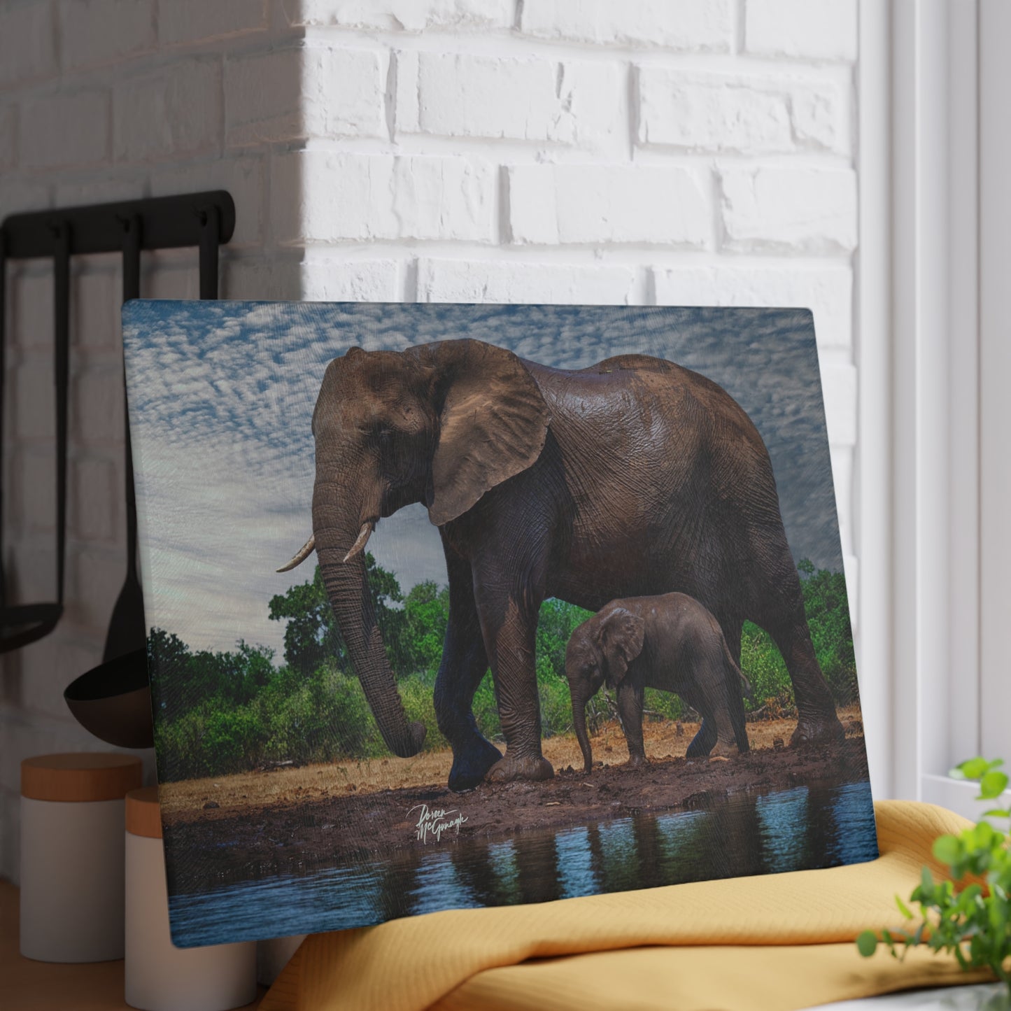 Enjoy Nature Glass Charcuterie Cutting Board with Elephant Baby Walking with Mom Design