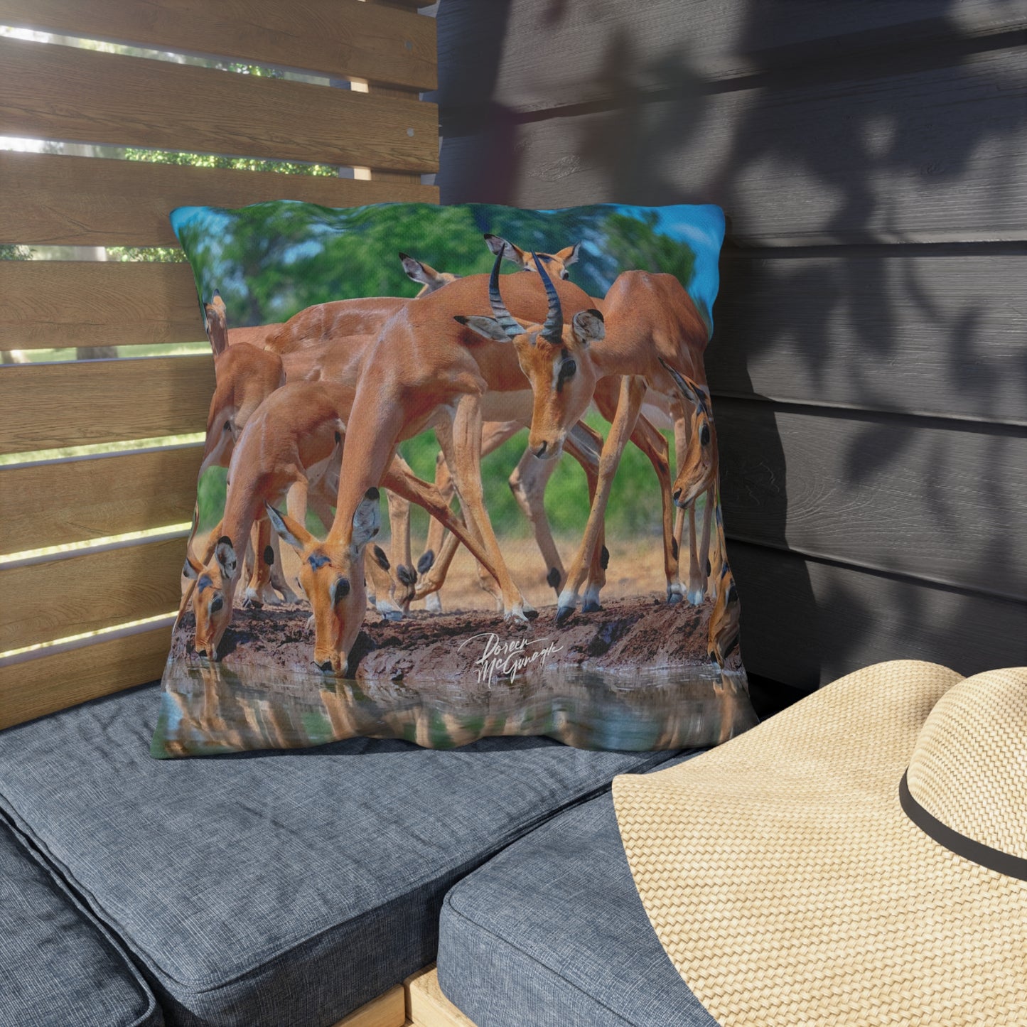 Enjoy Nature Outdoor Pillow with African Antelope at Watering Hole – Artistic, Comfy, and Durable Decorative Accent