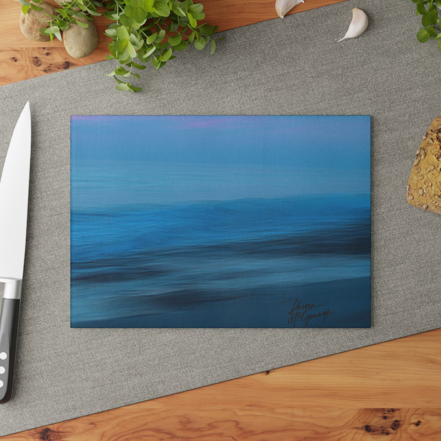 Artistic Blue Dawn Glass Cutting Board with Nature-Inspired Design