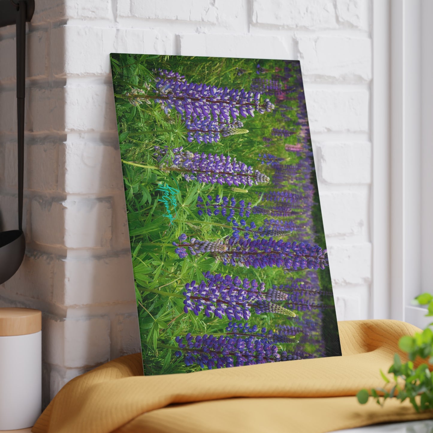 Artistic Wild Lupine Flowers Glass Cutting Board with Nature-Inspired Design