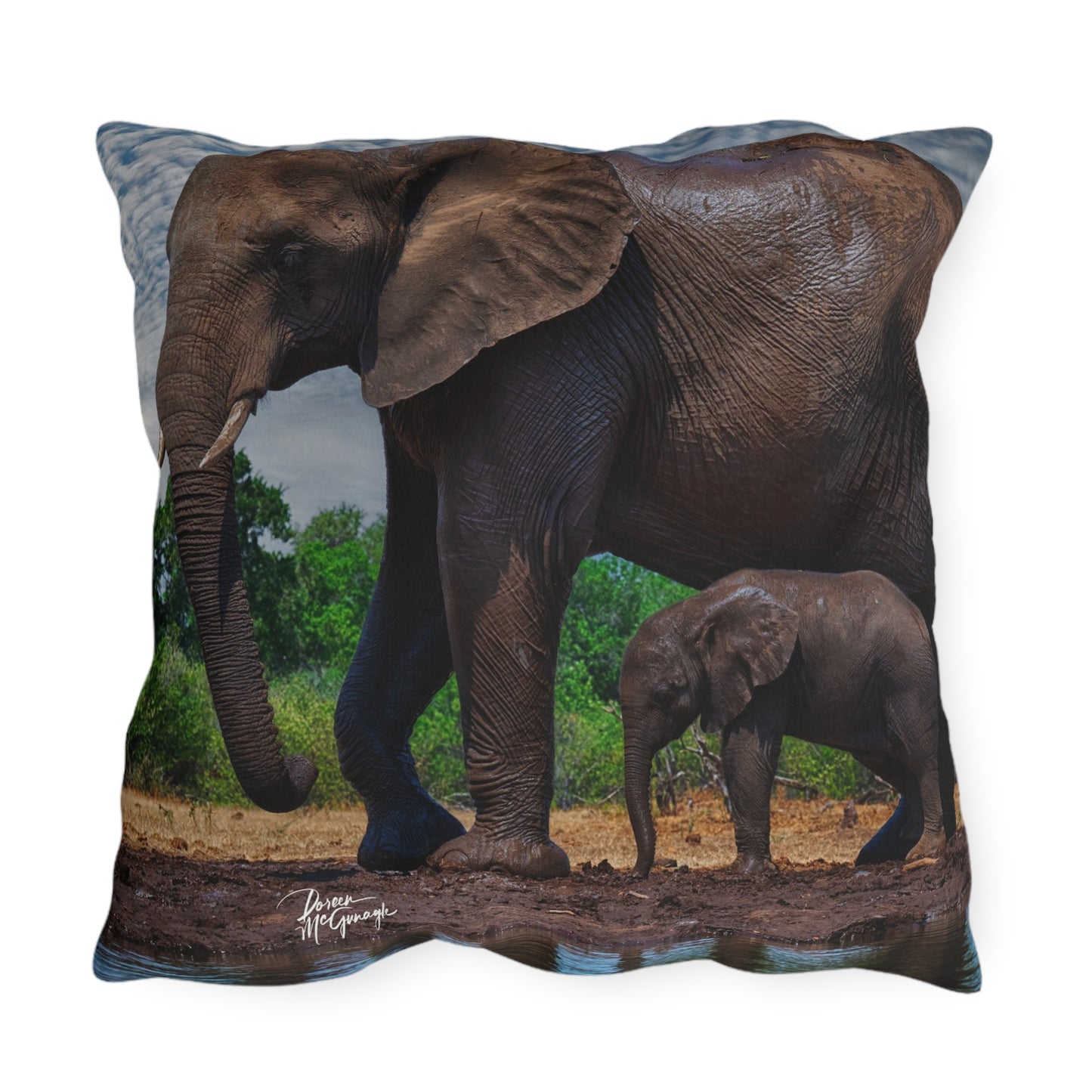 Enjoy Nature Outdoor Pillow with Baby Elephant Walk with Mom – Artistic, Comfy, and Durable Decorative Accent