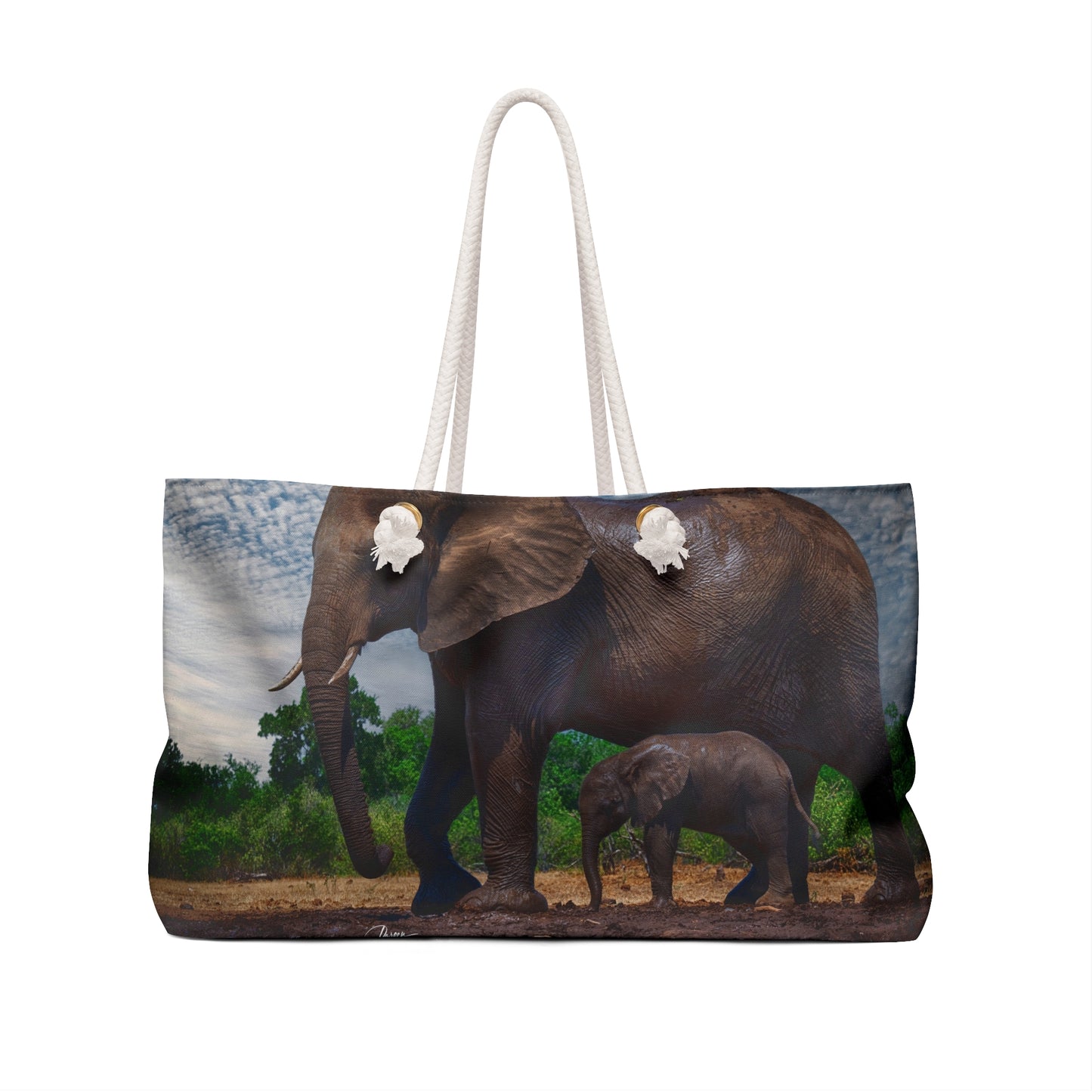 Weekender Tote Bag: Elephant Baby with Its Protector by Enjoy Nature