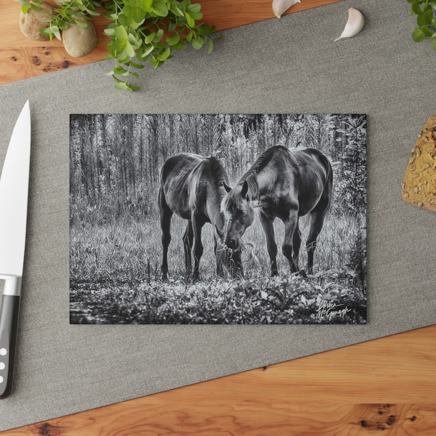 Wildlife cutting board, glass cutting board designs, cheese & charcuterie board, cutting board, glass charcuterie board, Pair Wild Horses