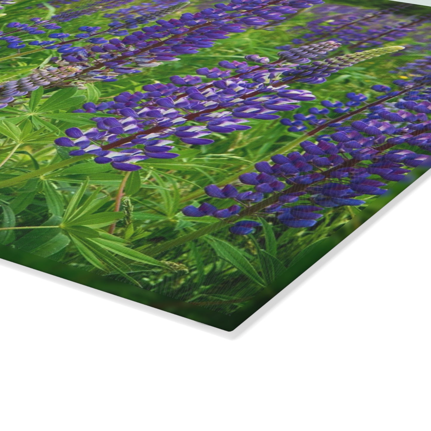 Artistic Wild Lupine Flowers Glass Cutting Board with Nature-Inspired Design