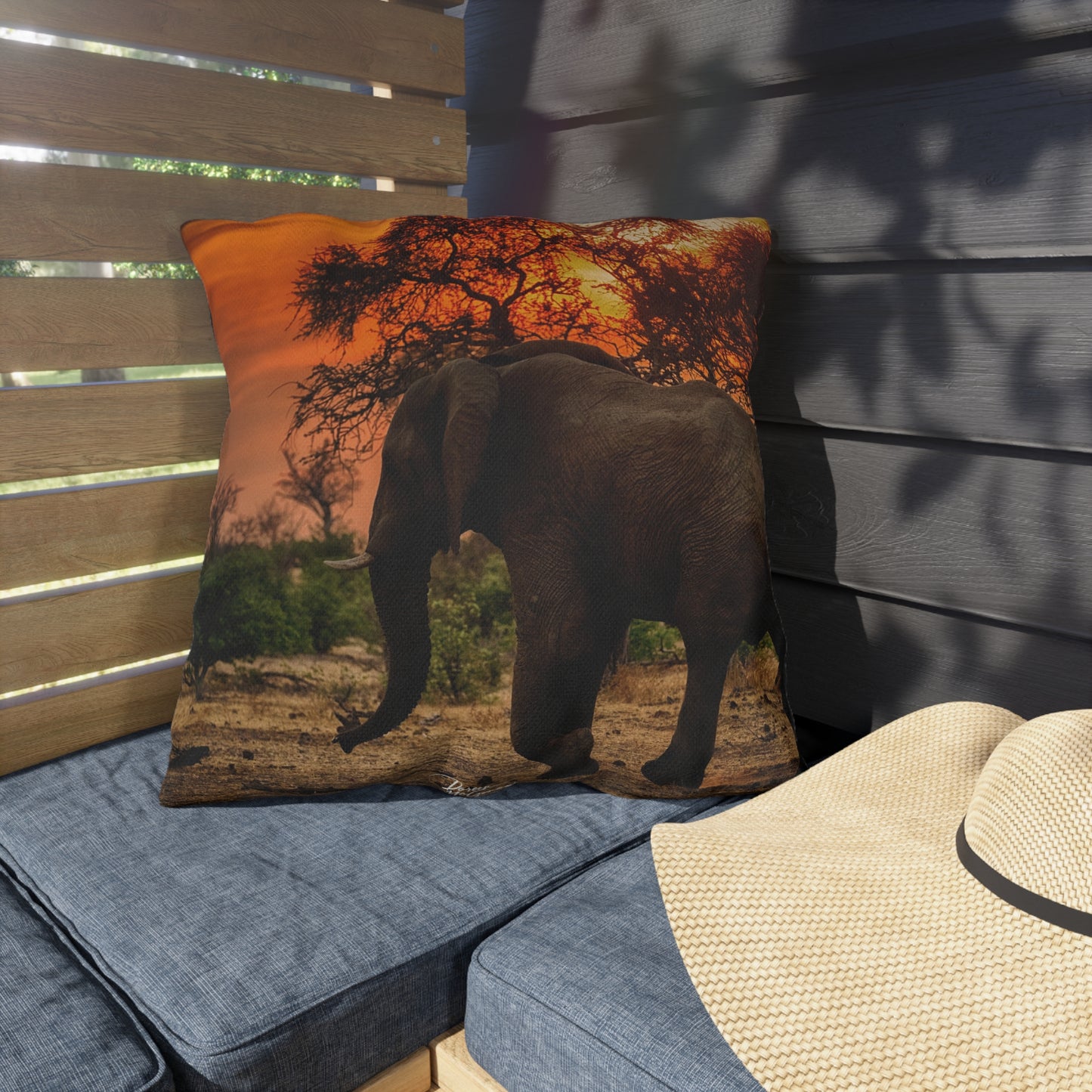 Enjoy Nature Outdoor Pillow with Spirited Elephant at Sunset – Artistic, Comfy, and Durable Decorative Accent