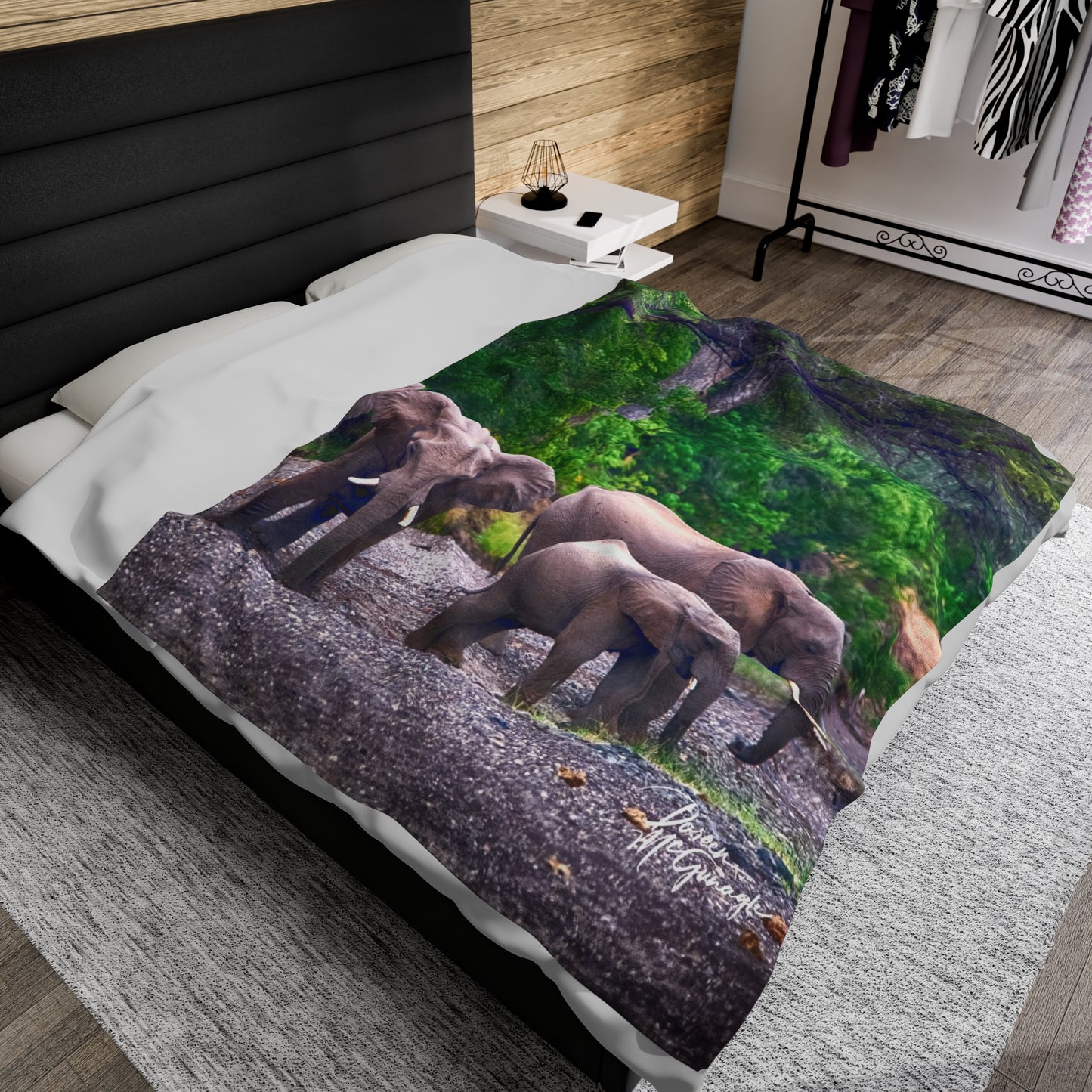 Velveteen Plush Blanket with Elephant Family at Riverbed by Enjoy Nature