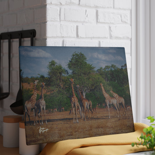 Enjoy Nature Glass Charcuterie Cutting Board with Giraffe Family Design