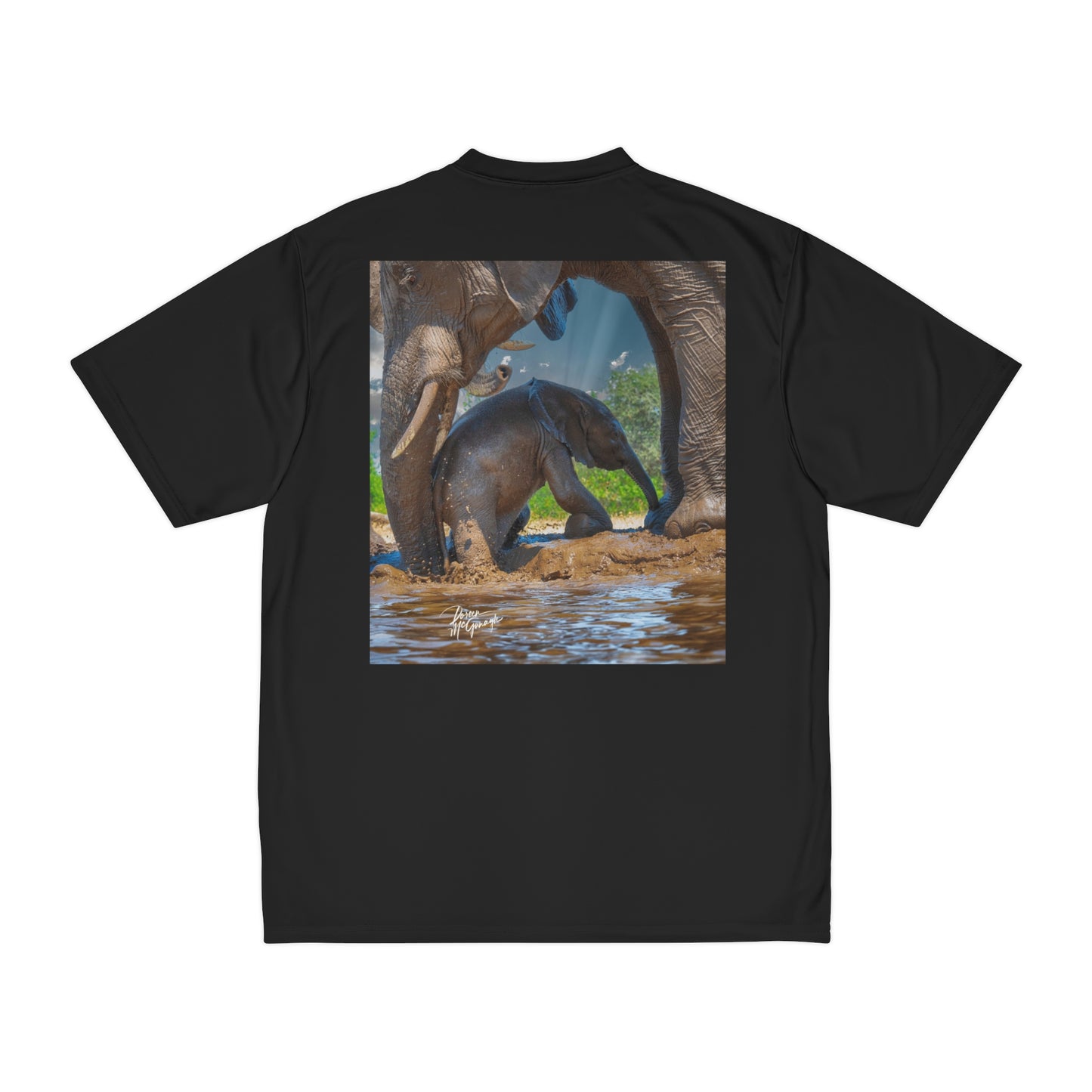 Men's Performance T-Shirt with Fine Art Image of Elephant Baby with Mom's Gentle Touch by Enjoy Nature