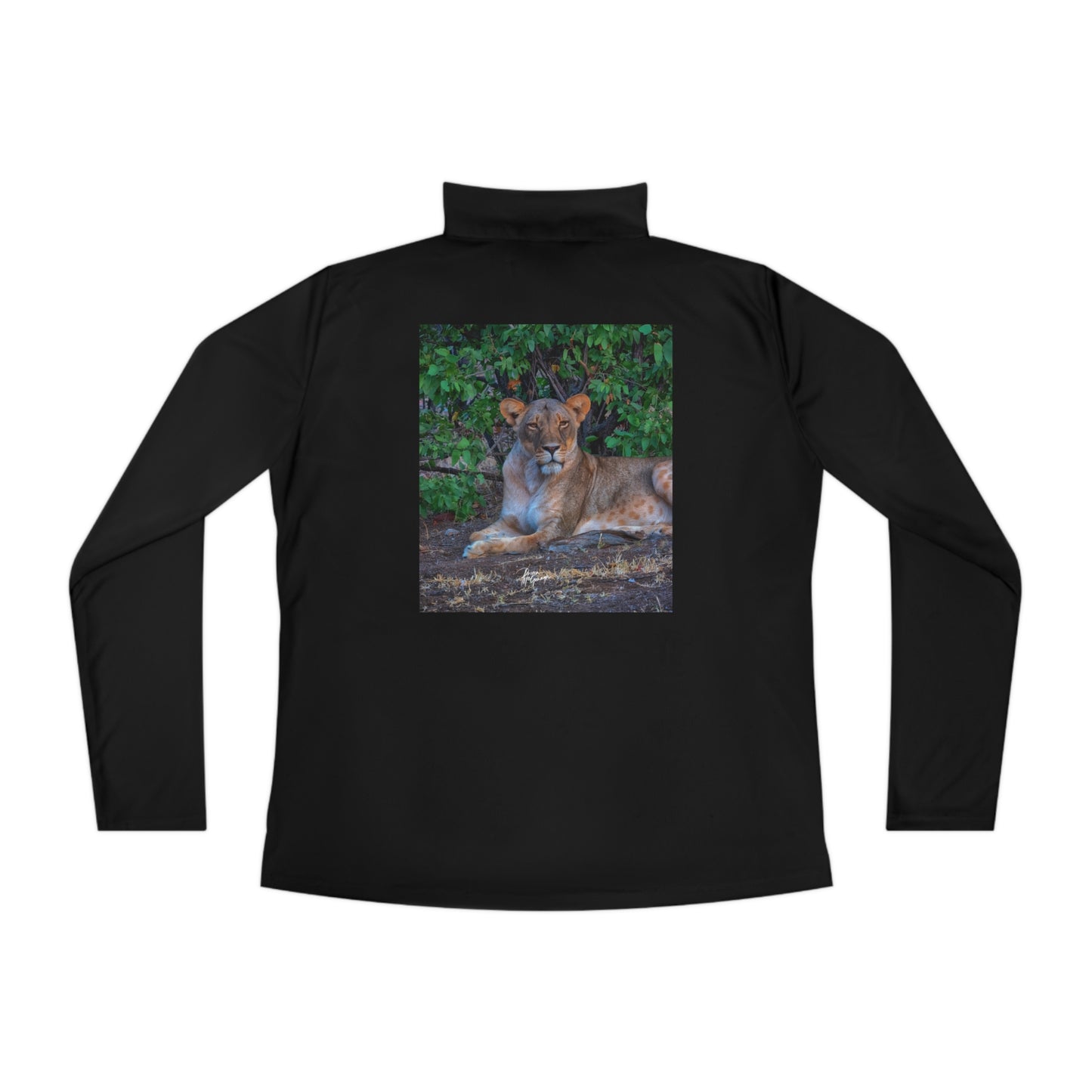 Ladies Quarter-Zip Pullover with Fine Art Image of Dreaming About a Lioness by Enjoy Nature