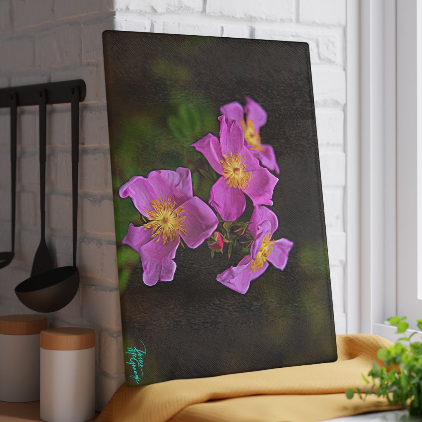 Artistic Enchanted Elegance Wild Flowers Glass Cutting Board with Nature-Inspired Design