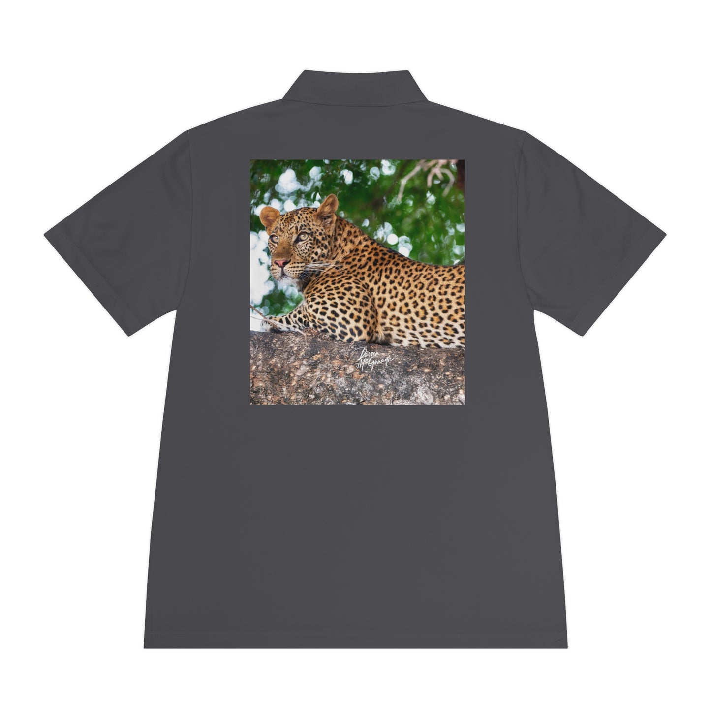 Men's Performance Polo Shirt - Leopard in Tree by Enjoy Nature