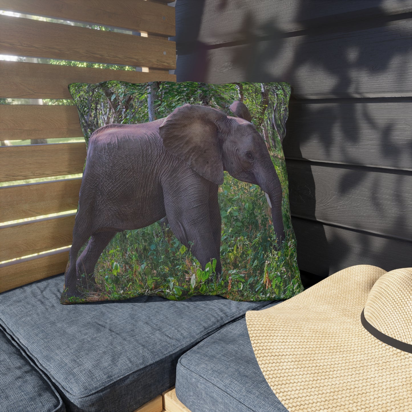 Enjoy Nature Outdoor Pillow with Elephant Baby in Forest – Artistic, Comfy, and Durable Decorative Accent